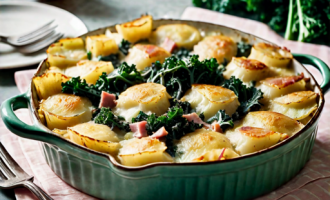 Gluten Free Scalloped Potatoes with Ham and Kale